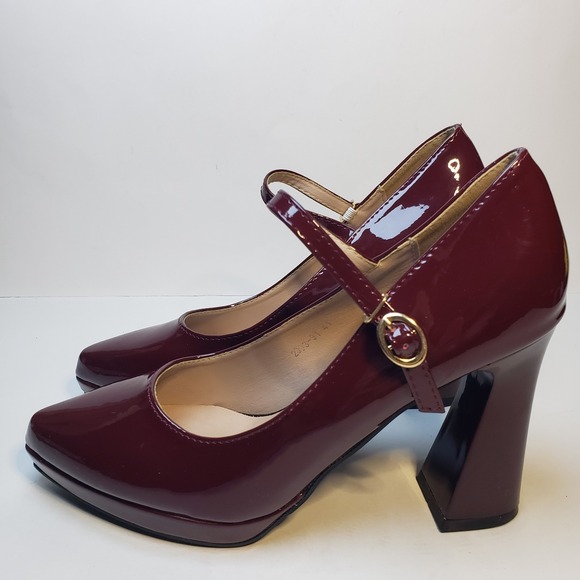 The Unbranded Brand Shoes - Women's Burgundy Patent Leather Mary Jane Block Heel Shoes Ankle Strap Sz 41 EU